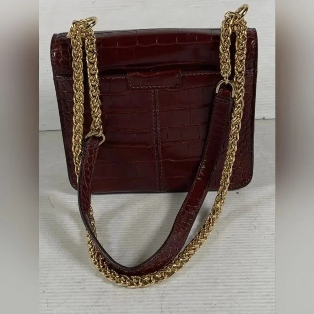 Michael Kors MK Sonia Red Burgundy Croc Embossed Square Crossbody Shoulder Bag